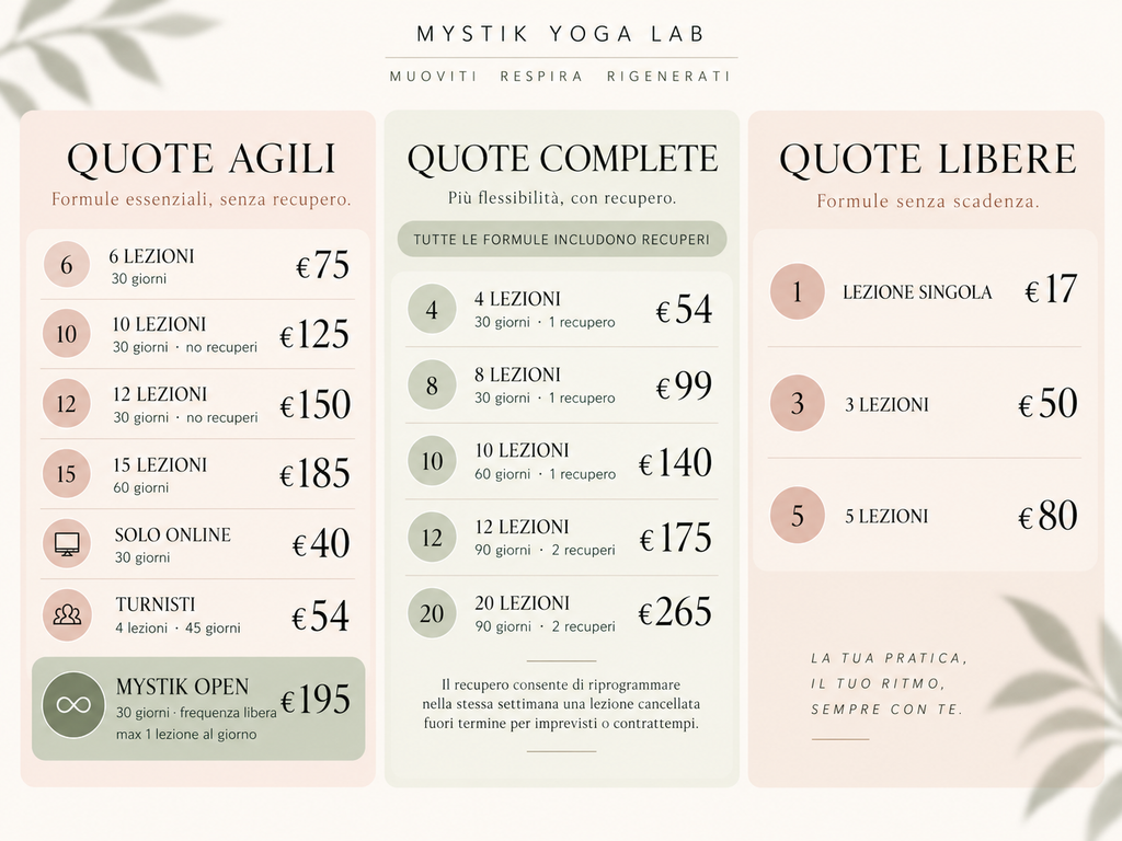 Prezzi e quote per praticare a mystik valide per tutte le lezioni